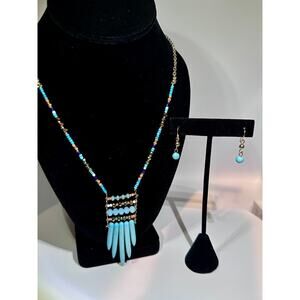 Simulated Turquoise Necklace & Earrings SET Silver Tone Southwestern Style NWOT
